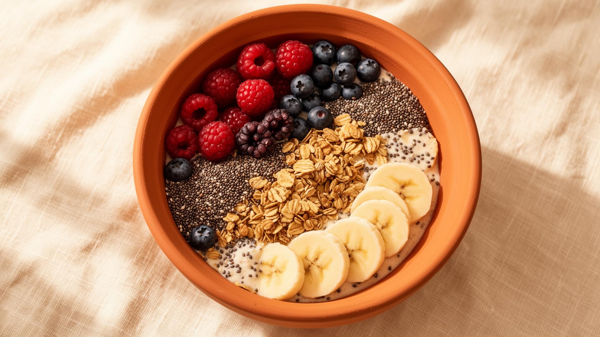 Bowl mediterranea con frutti di bosco, banana, chia e granola